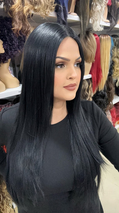 #66 Ivy-Middle Part No Lace Front Wig Human Hair Blend - Color Black 28in - The Pink Makeup Box